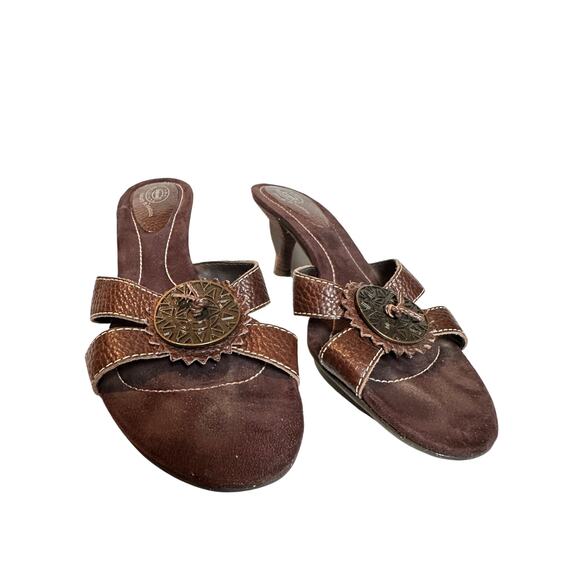 Dr. Scholl's Size 9 Brown Aztec Leather Kitten Heel Boho Sandals Vacation FLAWED - Picture 3 of 12